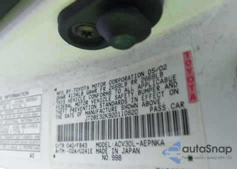 2002 Toyota Camry Le from USA, damaged, VIN JTDBE32K920110820